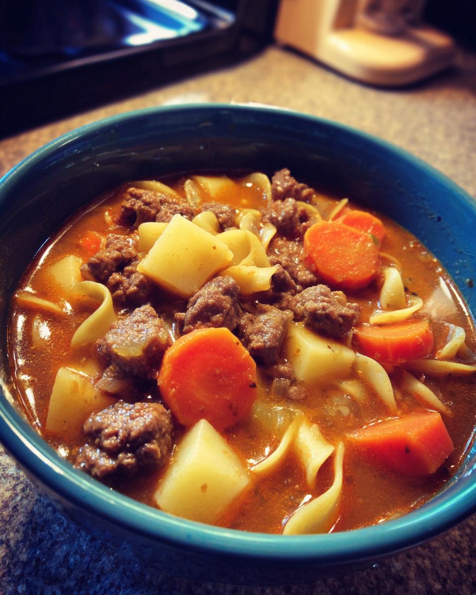 Close-up of a blue bowl filled with rich hamburger soup, featuring ground beef, potatoes, carrots, and egg noodles.