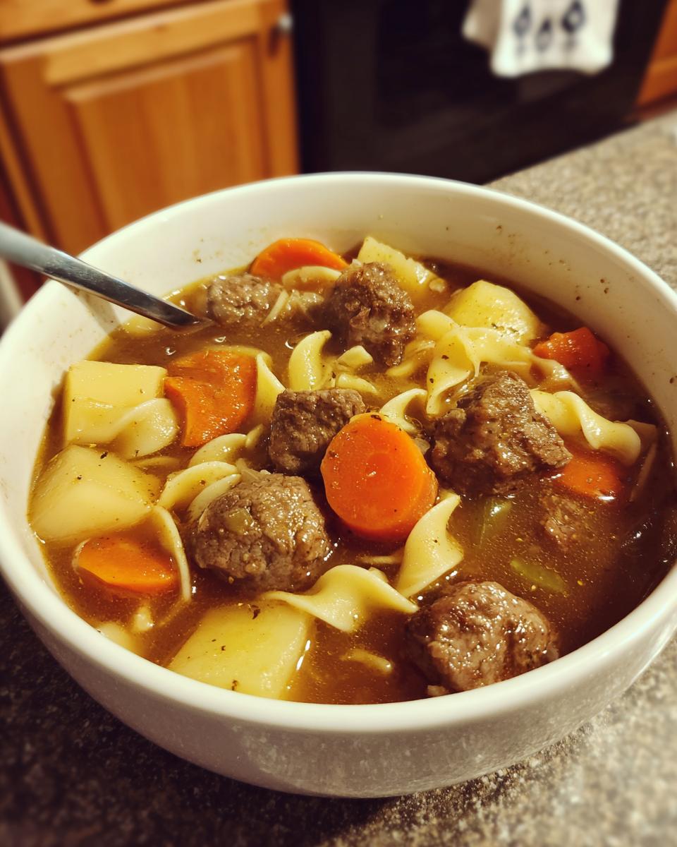 Close-up of a white bowl filled with rich hamburger soup featuring meatballs, carrots, potatoes, and egg noodles.