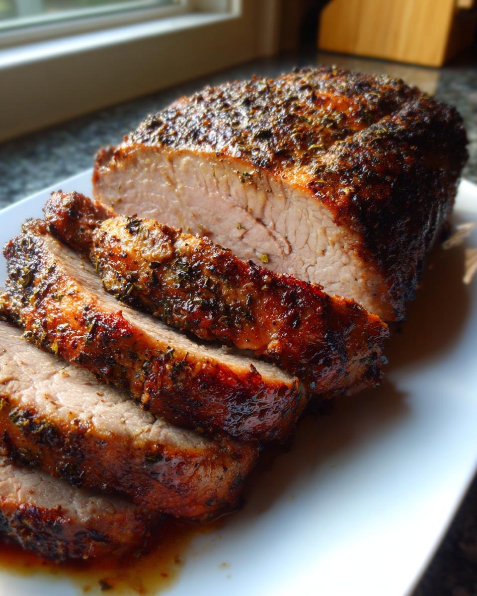 Close-up of a juicy, herb-crusted pork loin roast, sliced and resting on a white platter.