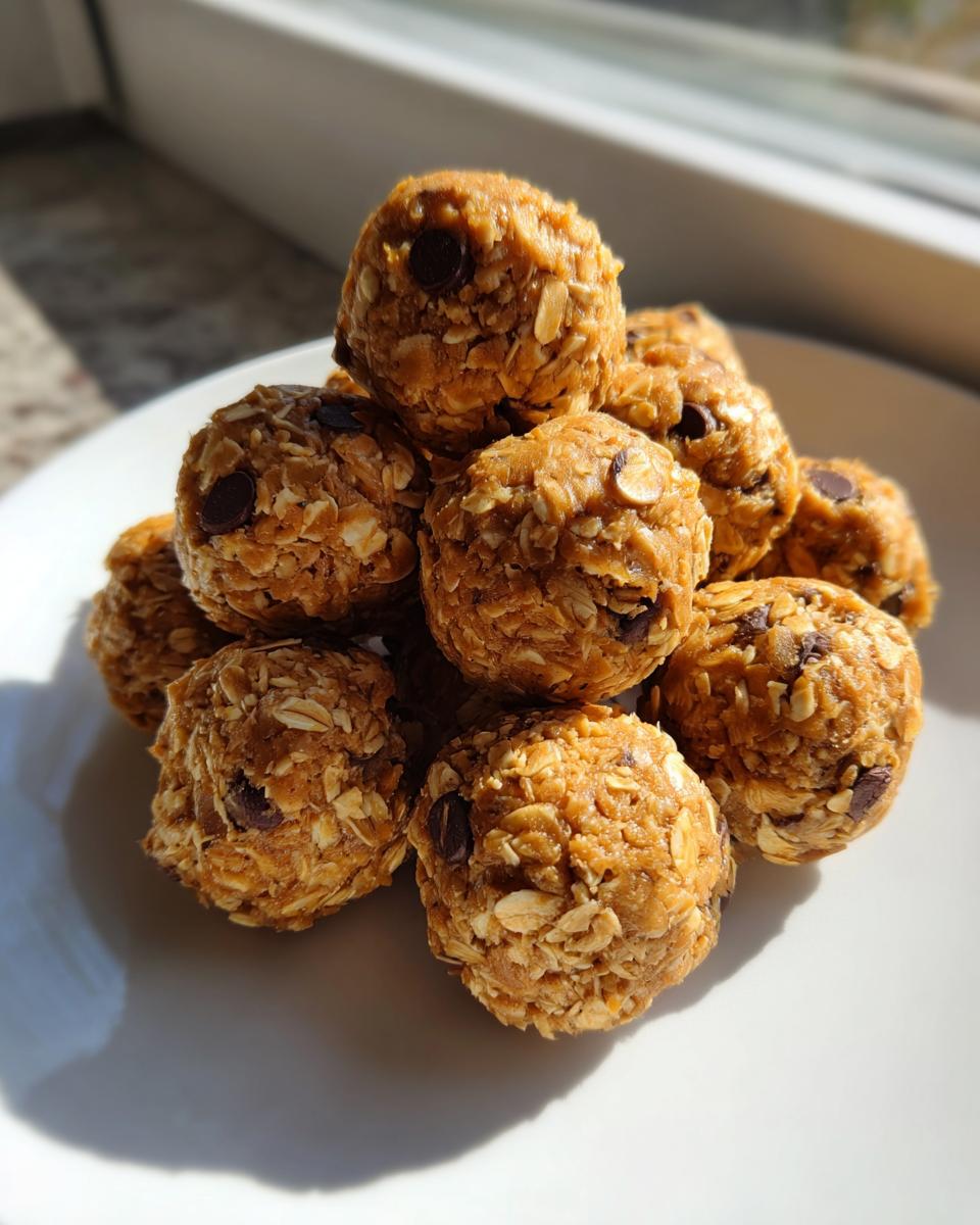 A stack of homemade protein balls made with oats and chocolate chips, sitting on a white plate.