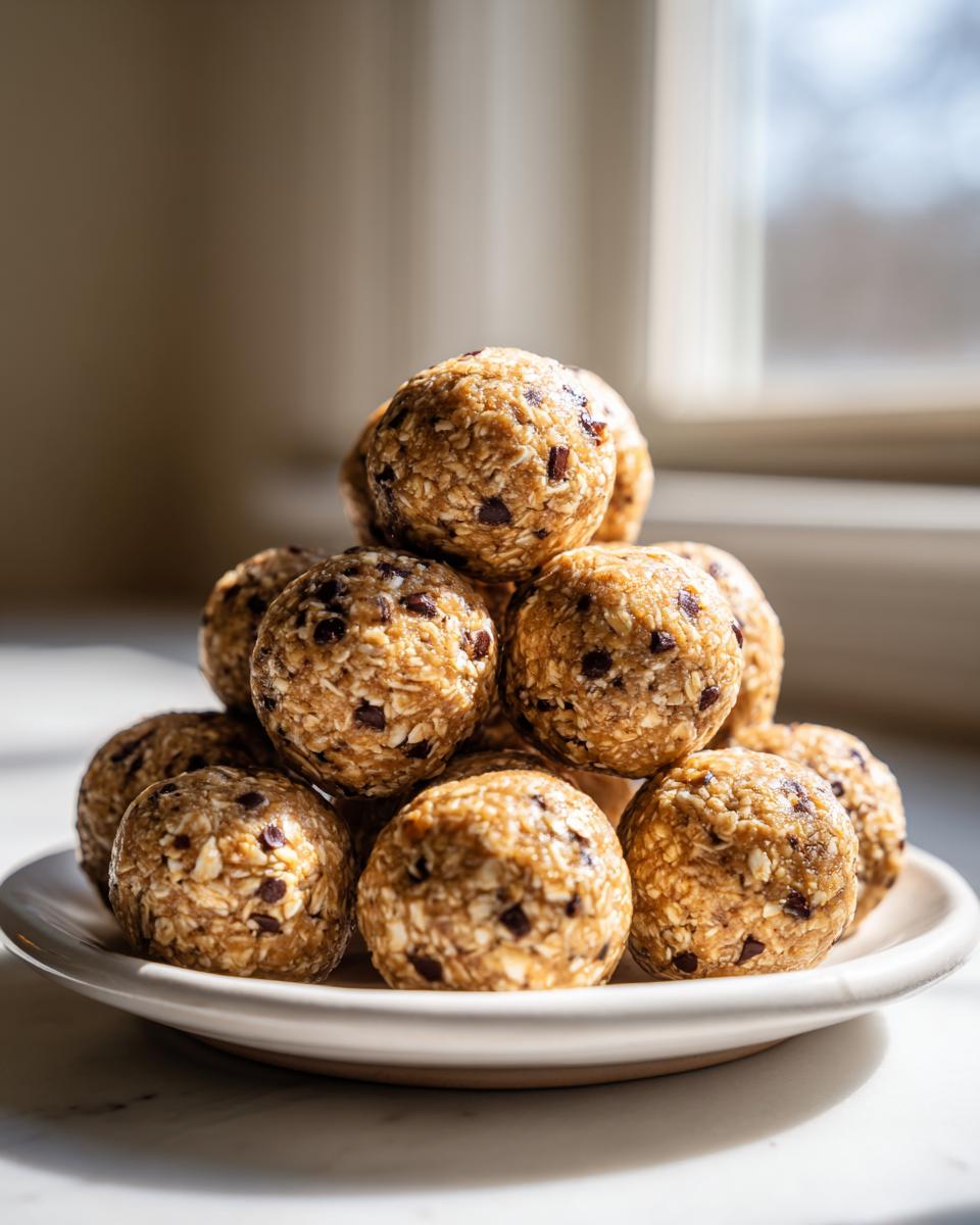 A pyramid stack of homemade protein balls made with oats and chocolate chips, sitting on a white plate.