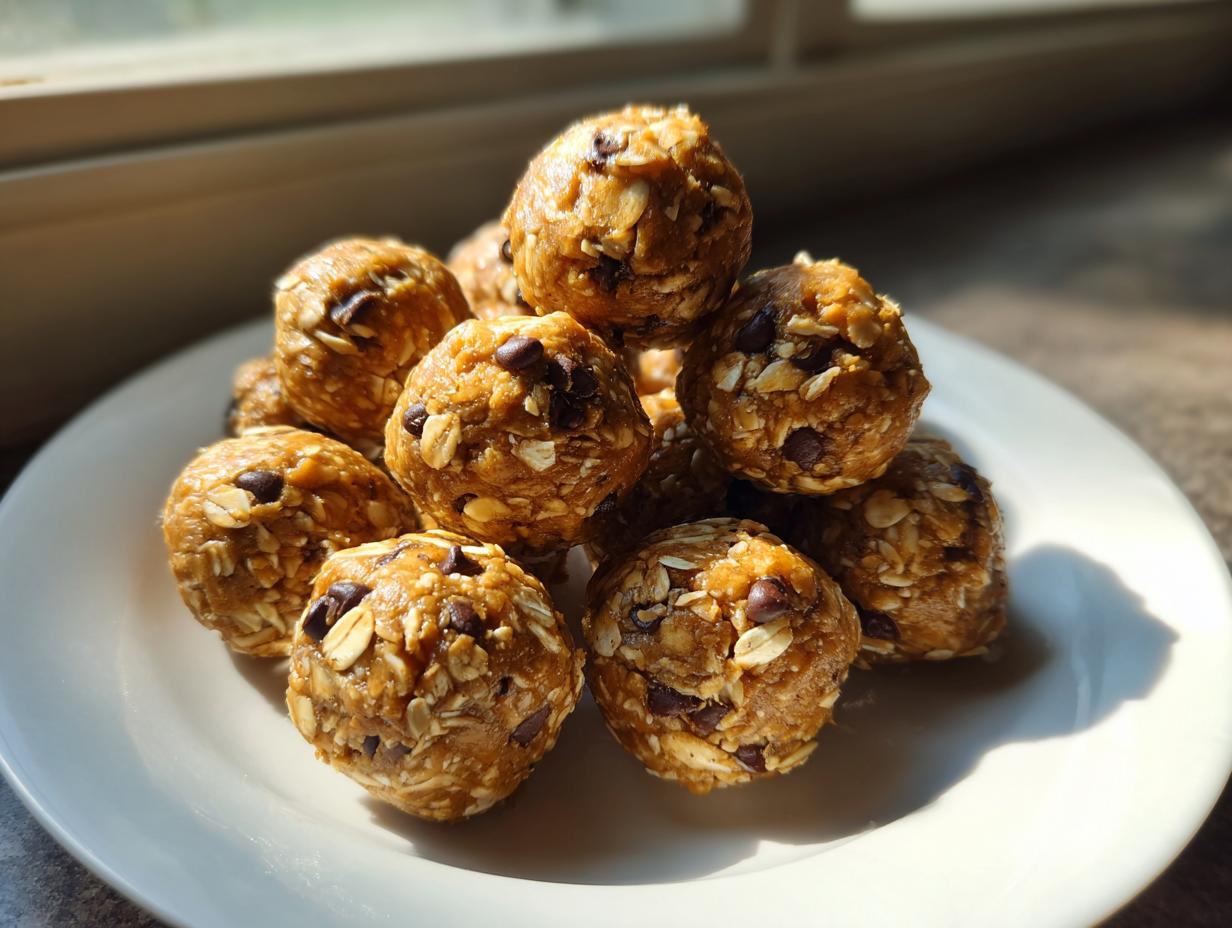 A stack of homemade chocolate chip protein balls made with oats, sitting on a white plate near a window.