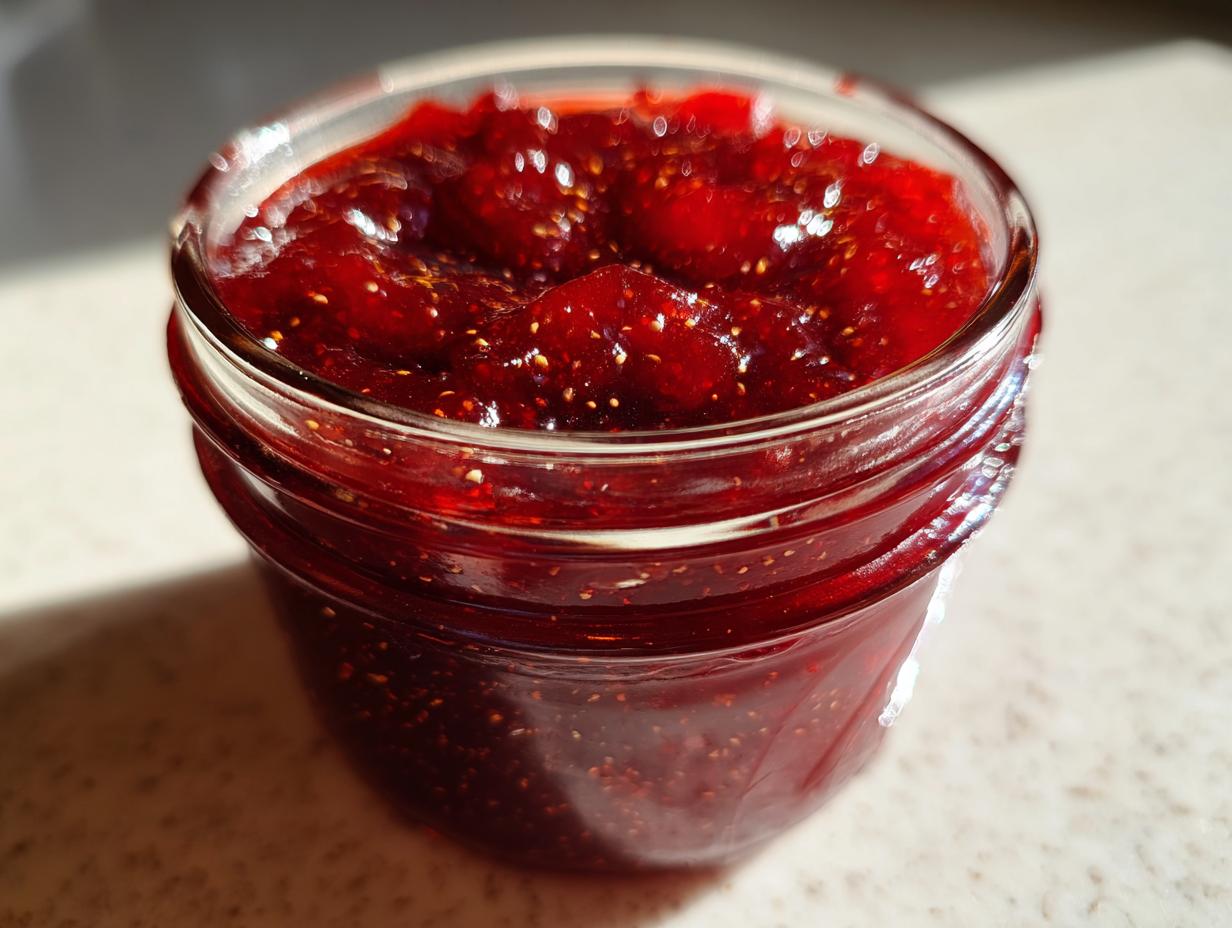 Close-up of a jar filled with glistening, deep red homemade christmas jam, showing visible seeds.