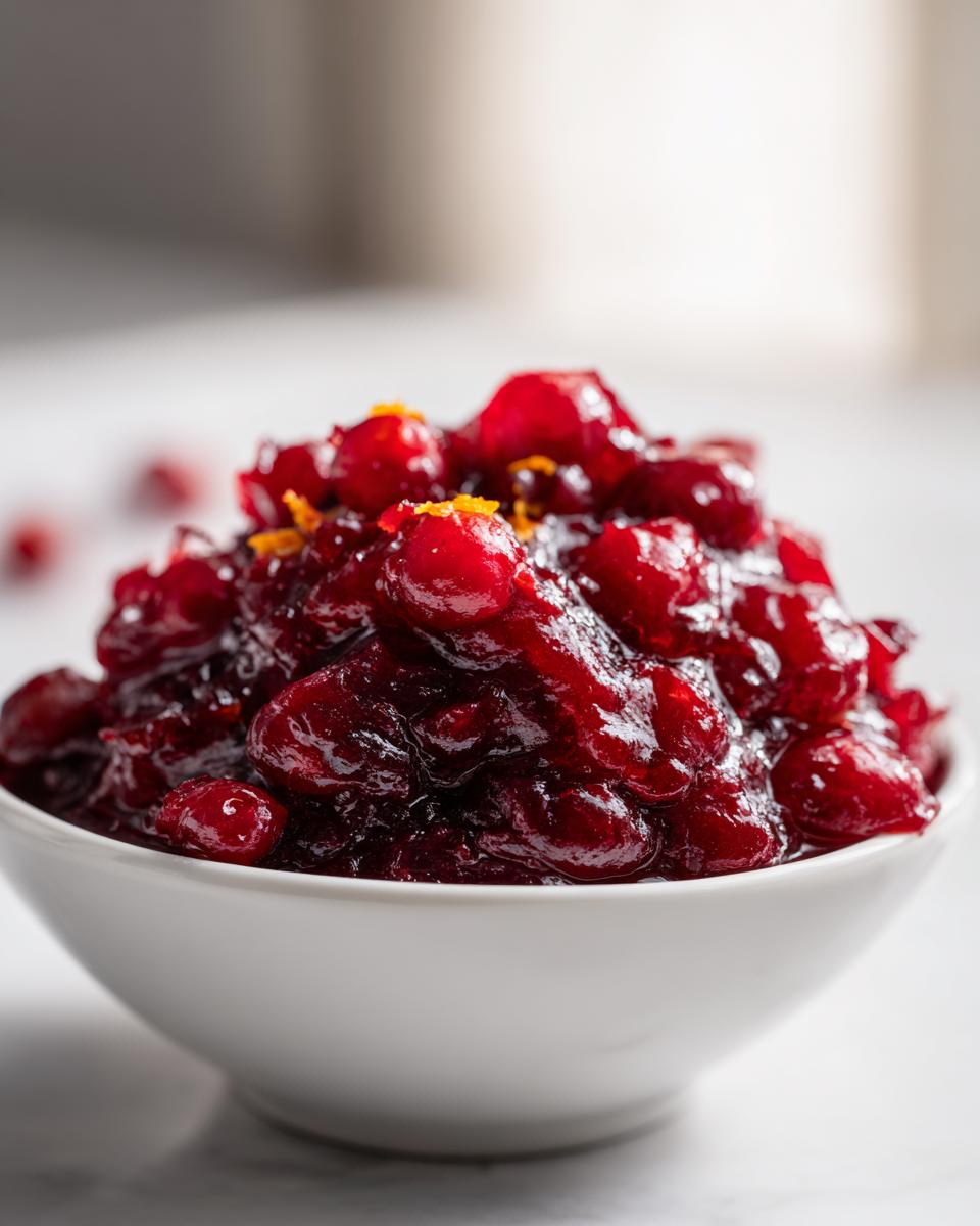 Close-up of rich, glistening homemade cranberry sauce topped with orange zest in a small white bowl.