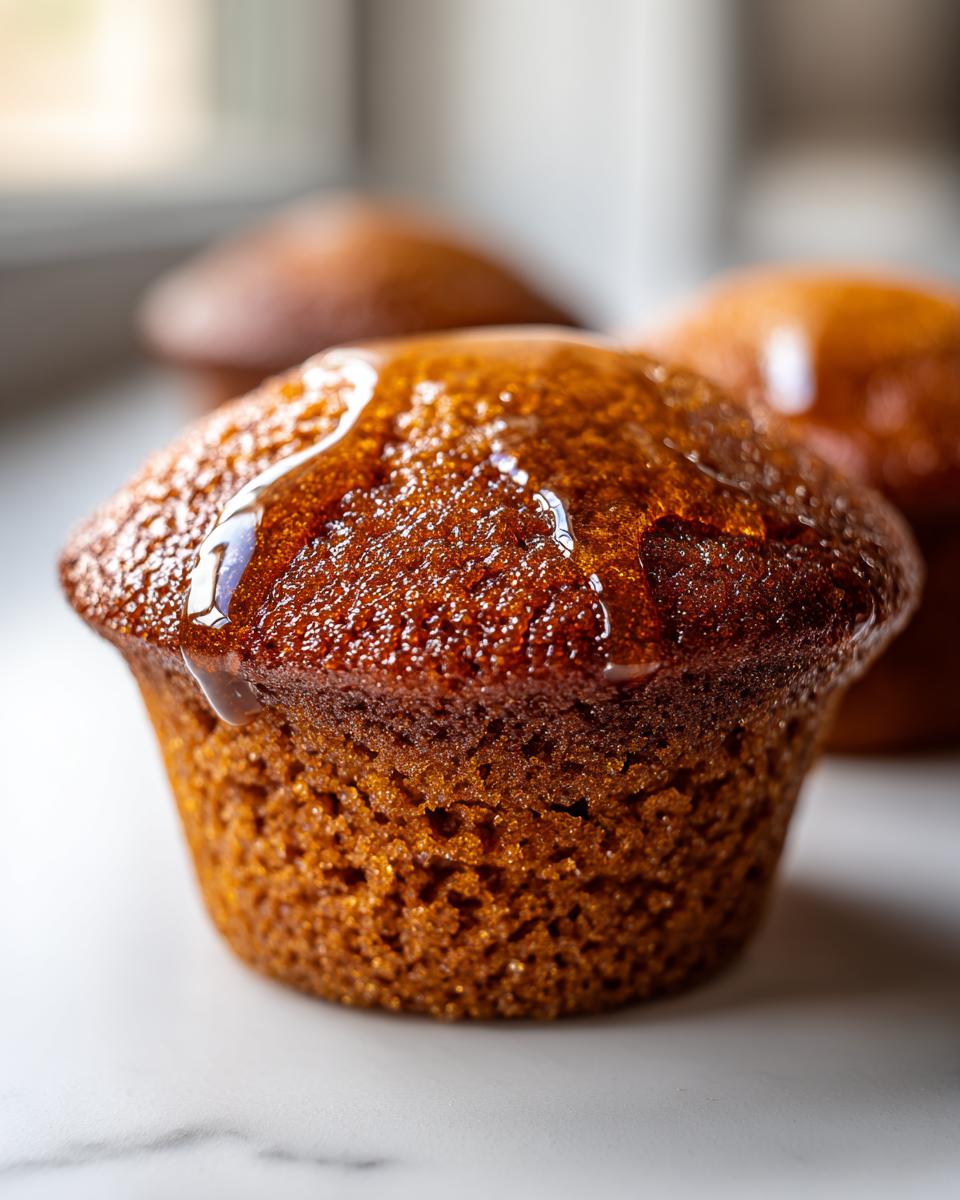 Close-up of a moist honey bran muffin topped with a glistening drizzle of honey or glaze.