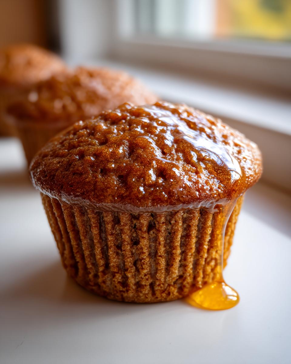 A close-up of a freshly baked honey bran muffin topped with glistening honey dripping down the side.