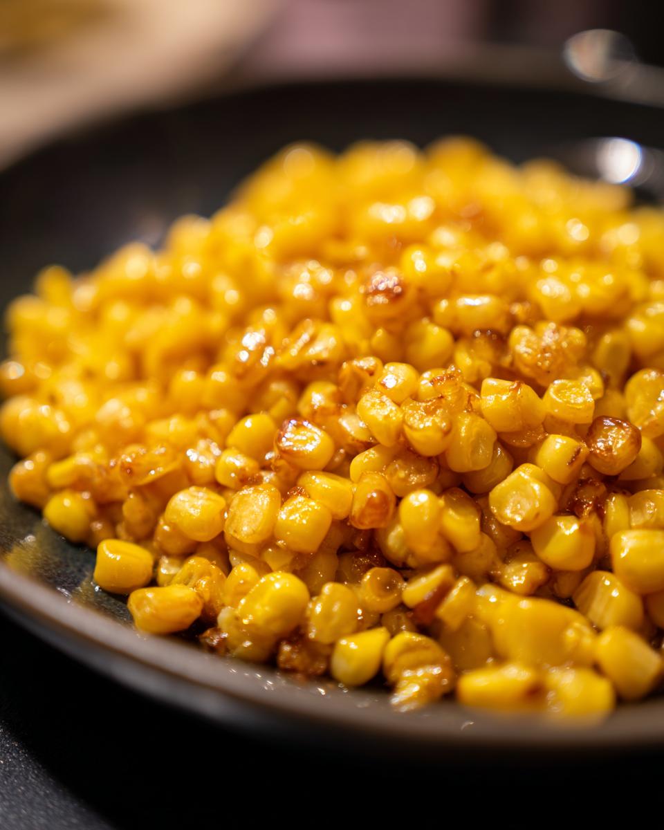 Close-up of glossy, golden honey butter corn kernels served on a dark plate.