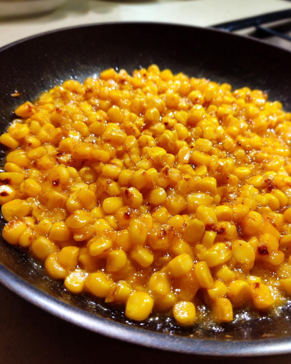 Close-up of sweet corn kernels simmering in honey butter sauce in a dark skillet.