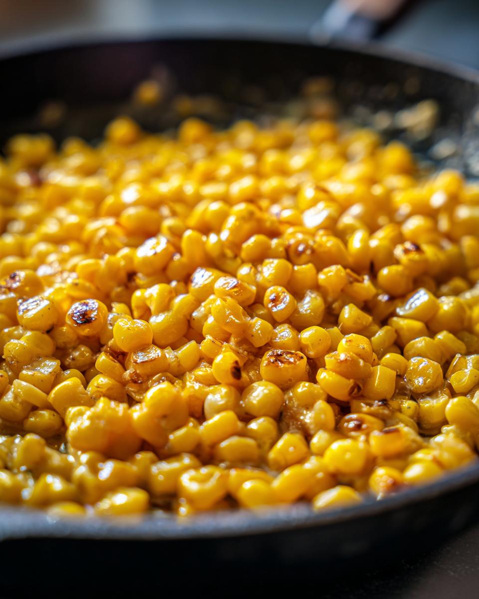 Close-up shot of glistening, caramelized kernels of honey butter corn cooking in a dark skillet.
