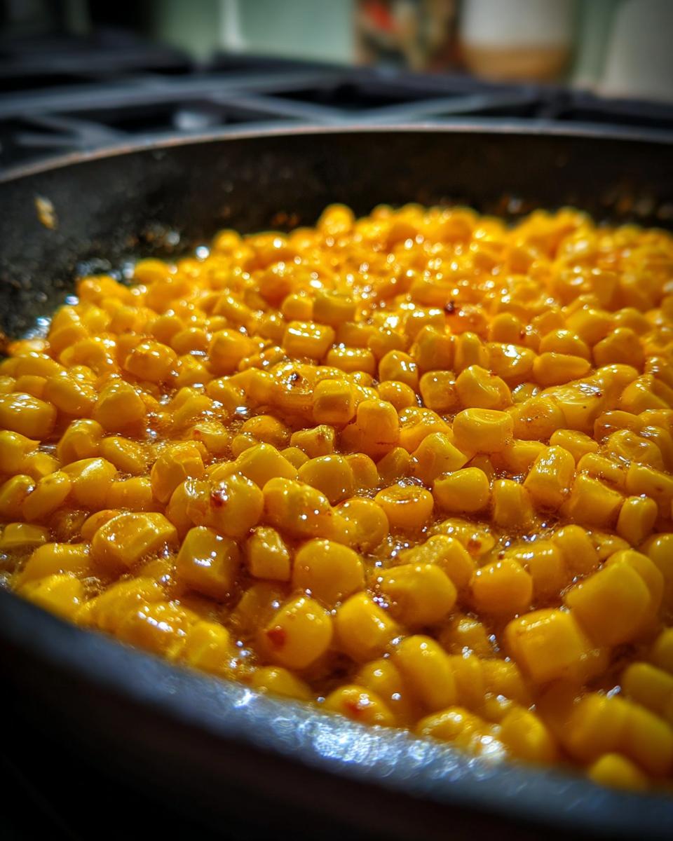Close-up of glossy, bright yellow corn kernels simmering in a dark skillet, likely coated in honey butter.
