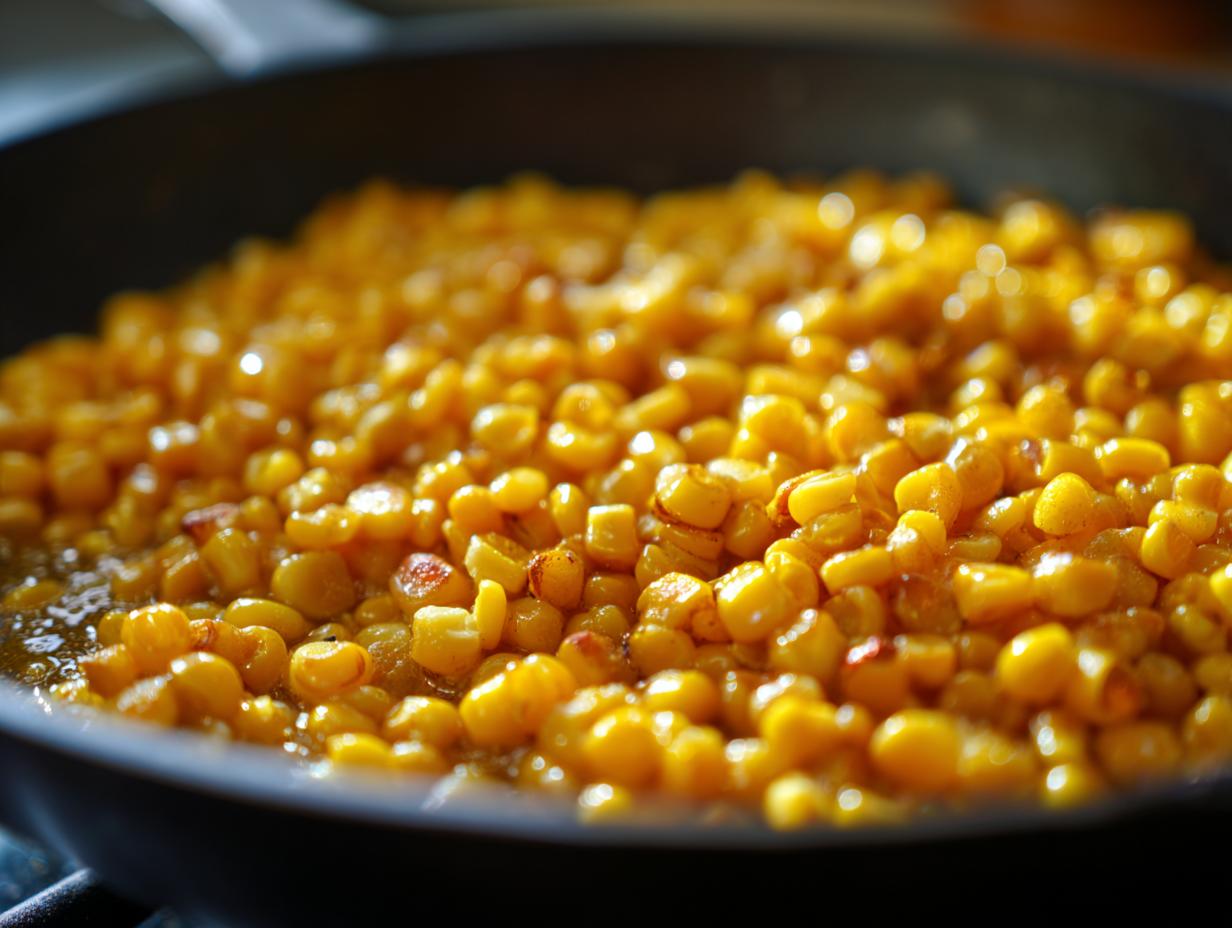 Close-up of bright yellow corn kernels simmering in honey butter sauce in a dark skillet.