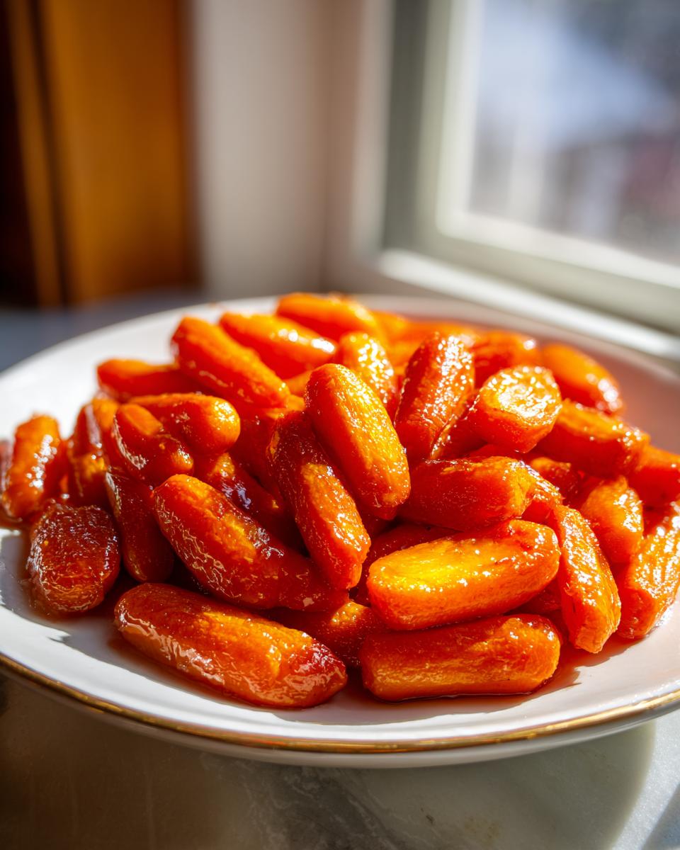 A close-up of bright orange, shiny honey glazed carrots piled high on a white plate near a window.