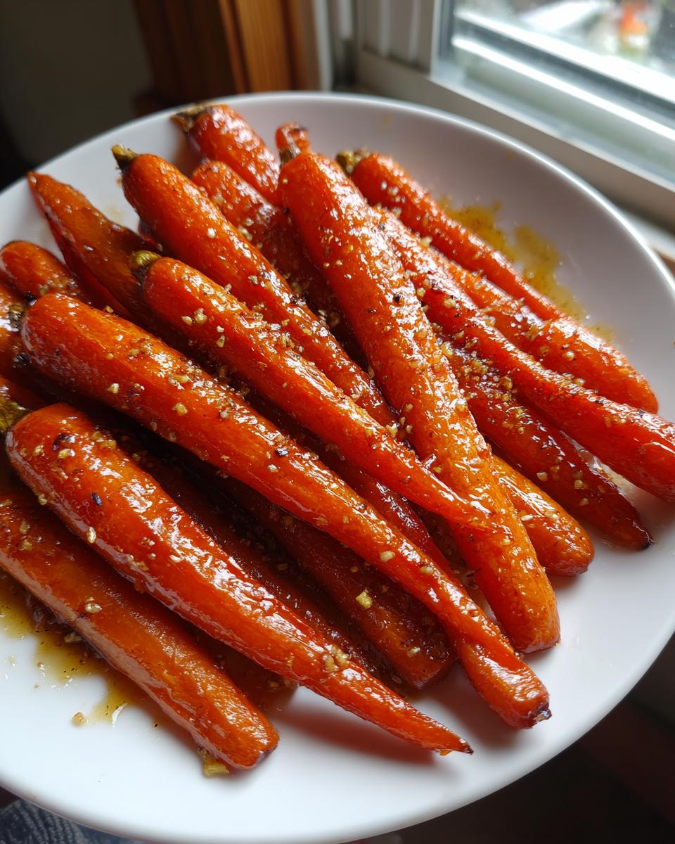 Close-up of vibrant orange honey glazed carrots, glistening with a sweet sauce and sprinkled with seasoning, served on a white dish.