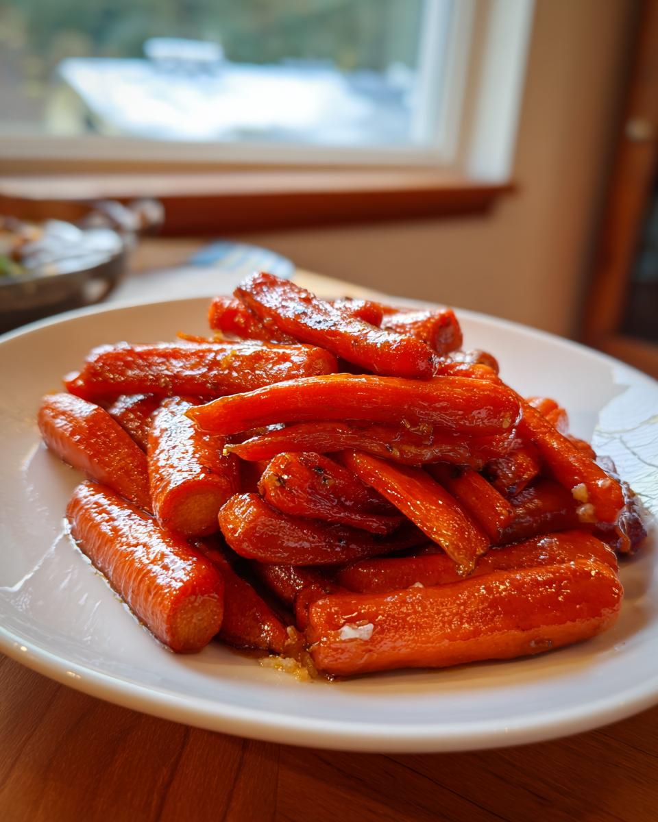 A close-up of a white plate piled high with vibrant, glossy honey glazed carrots.