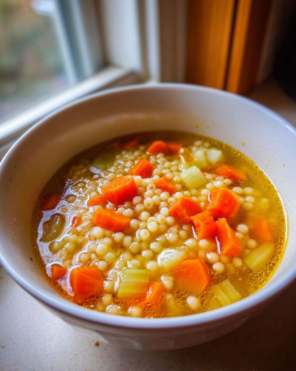 Close-up of a white bowl filled with vibrant italian penicillin soup featuring acini di pepe pasta, bright orange carrots, and celery in a clear broth.