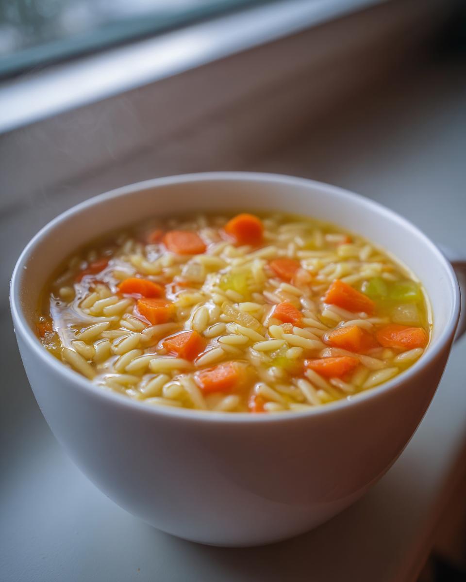 A close-up of a steaming white bowl filled with italian penicillin soup featuring orzo pasta and bright orange carrots.