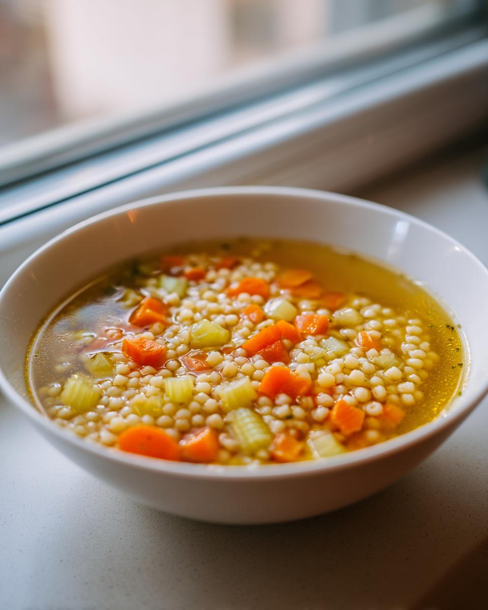 Close-up of a white bowl filled with hot italian penicillin soup featuring acini di pepe pasta, carrots, and celery.