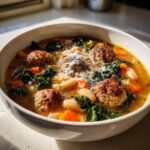Close-up of a hearty bowl of Italian sausage white bean soup, featuring meatballs, white beans, kale, and grated Parmesan.