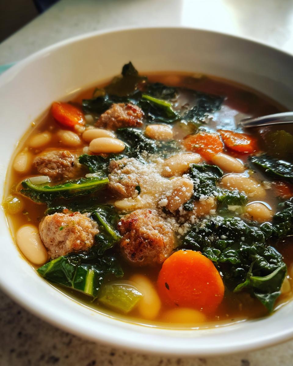 Close-up of a bowl of Italian sausage white bean soup with kale, carrots, and grated Parmesan cheese.