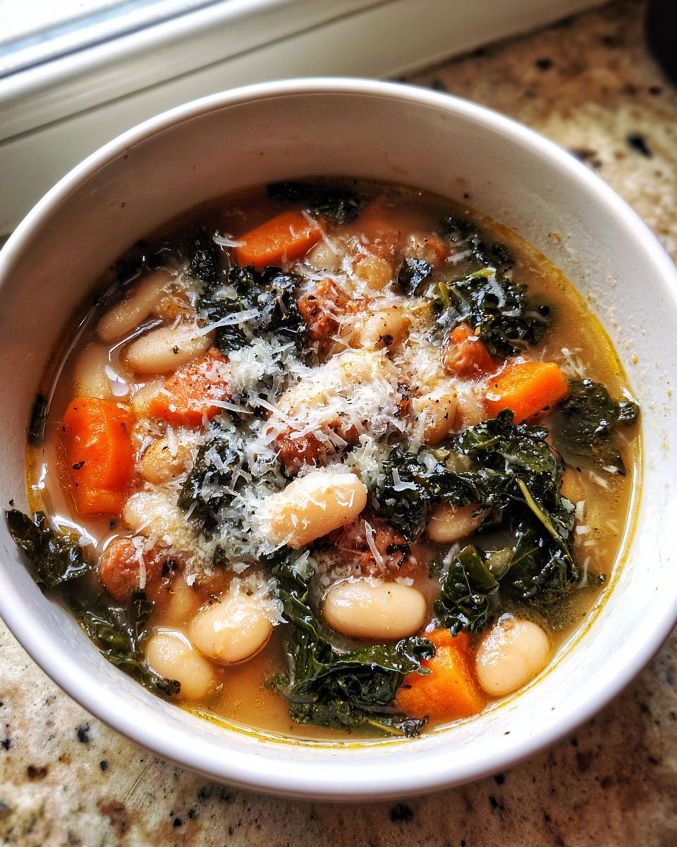 A close-up of Italian sausage white bean soup featuring cannellini beans, kale, carrots, and topped with grated Parmesan cheese.