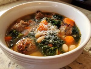 Close-up of a bowl of Italian sausage white bean soup featuring meatballs, kale, carrots, and grated cheese.