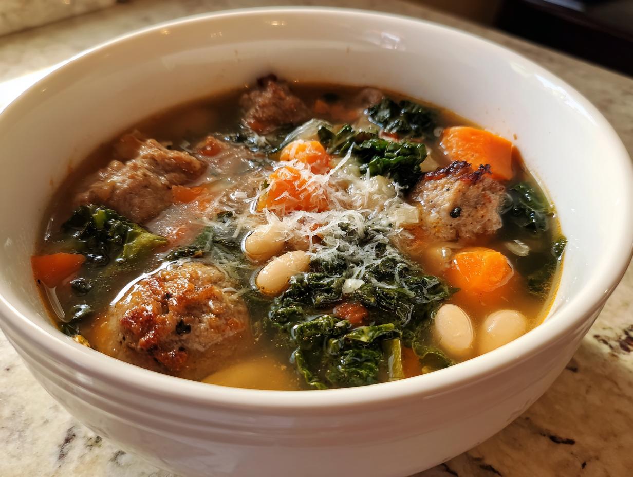 Close-up of a bowl of Italian sausage white bean soup featuring meatballs, kale, carrots, and grated cheese.