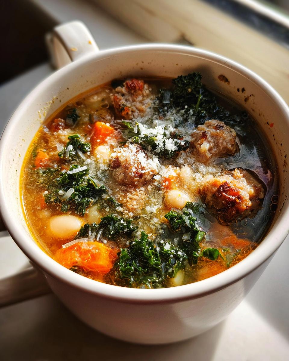 Close-up of Italian sausage white bean soup with kale and grated cheese in a white mug.