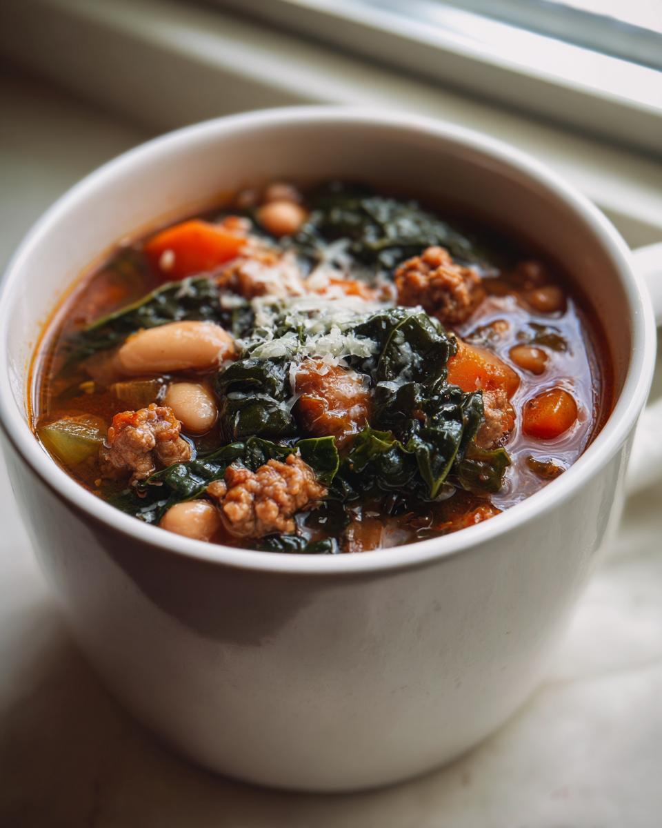 Close-up of a steaming bowl of Italian sausage white bean soup topped with kale and Parmesan cheese.