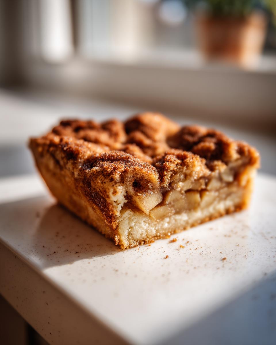 Close-up of a moist slice of jewish apple cake showing tender apples and a cinnamon streusel topping.