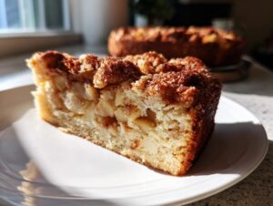 Close-up of a moist slice of jewish apple cake, packed with apples and topped with cinnamon sugar.