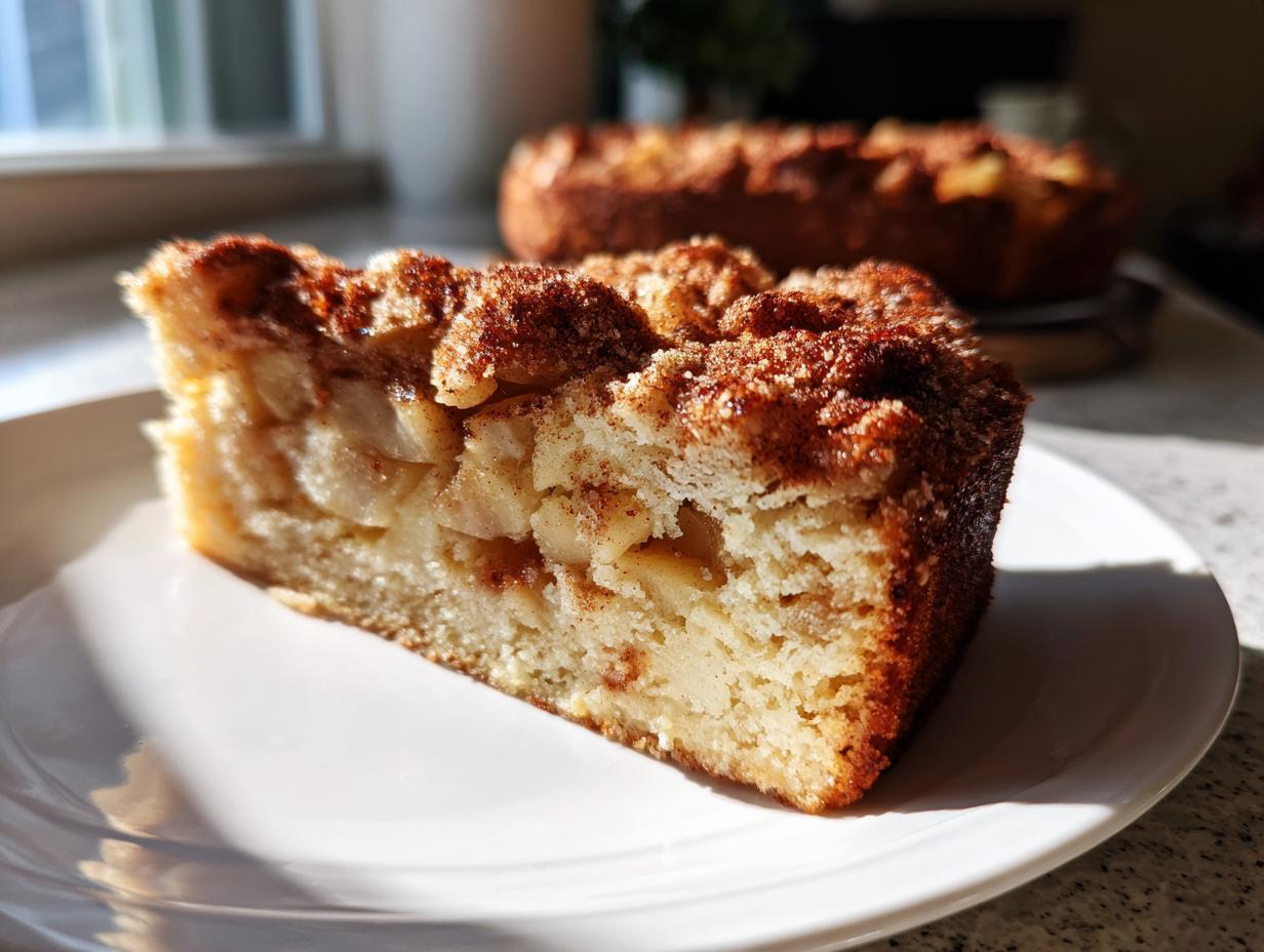 Close-up of a moist slice of jewish apple cake, packed with apples and topped with cinnamon sugar.