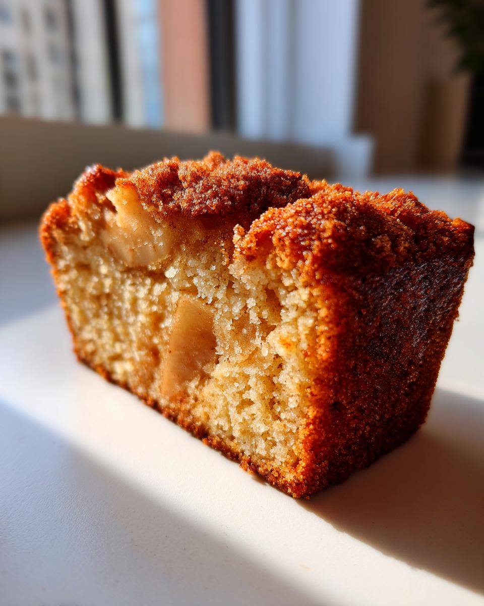 Close-up of a moist slice of jewish apple cake showing tender crumb and baked apple pieces.