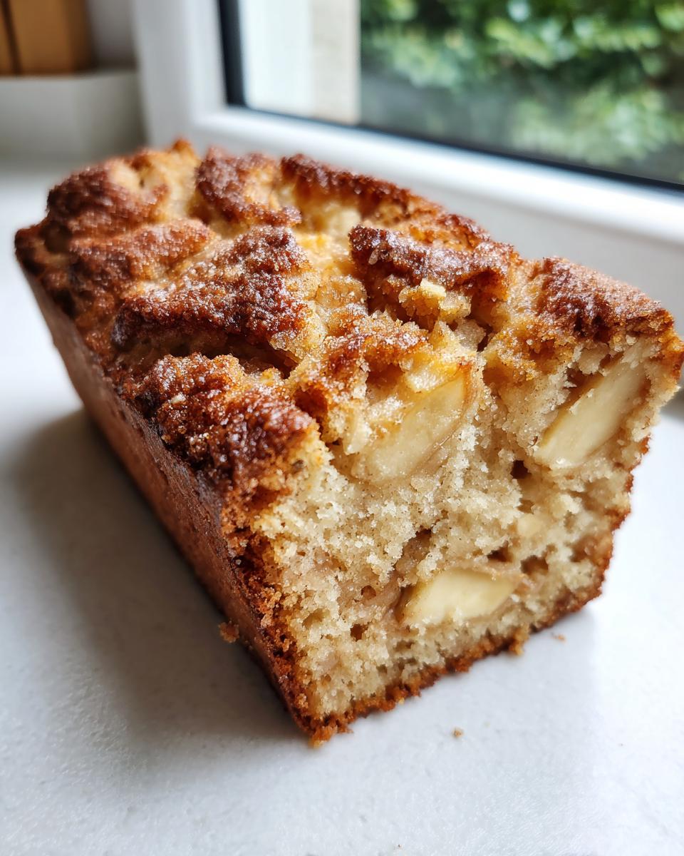Close-up of a slice of moist jewish apple cake showing large apple pieces baked into the crumb and a sugary crust.