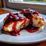 Close-up of perfectly cooked cranberry chicken breast cut in half, topped with a thick, glossy cranberry sauce.