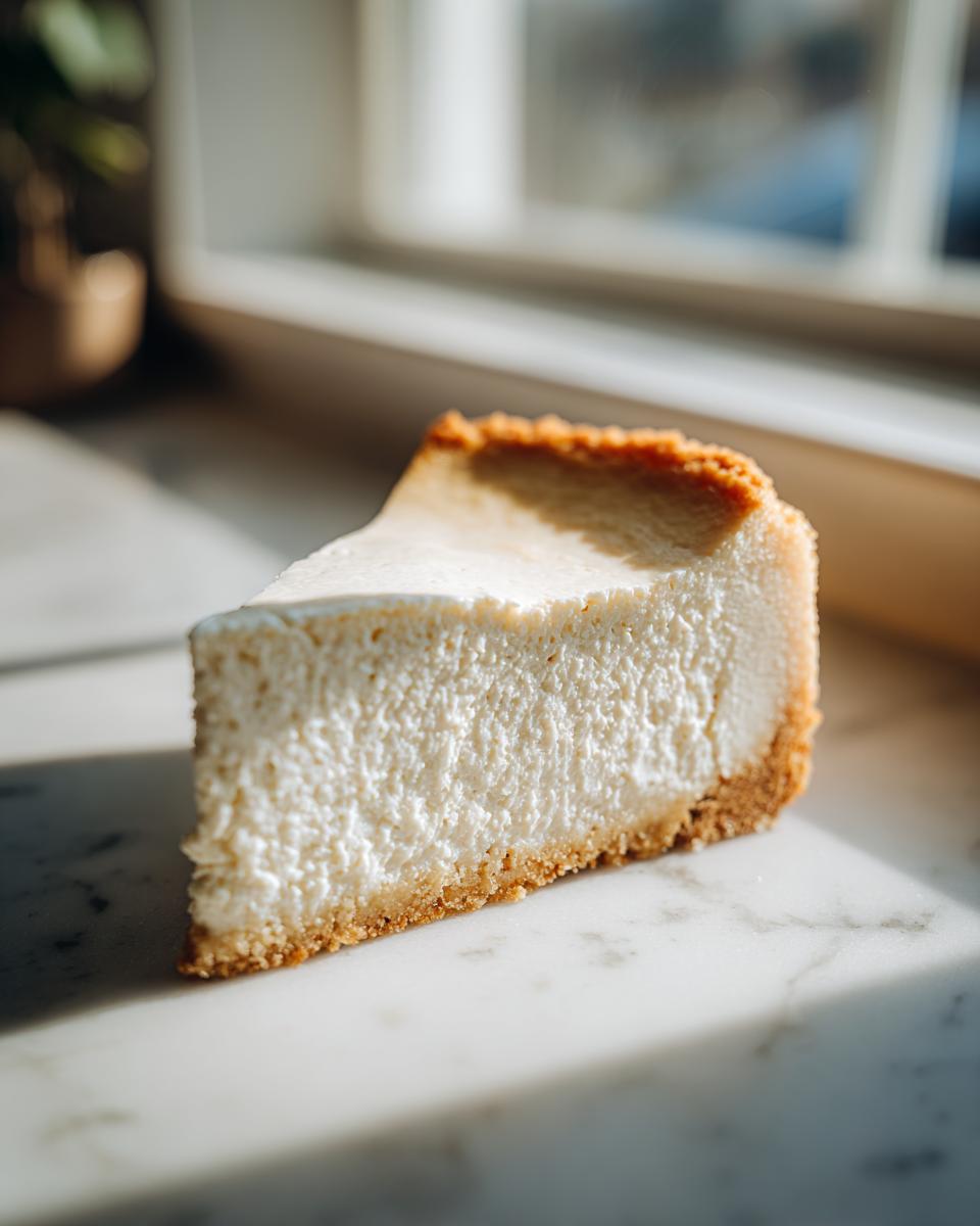 A single, thick slice of creamy Keto cheesecake with a golden crust, sitting on a white marble surface in bright sunlight.