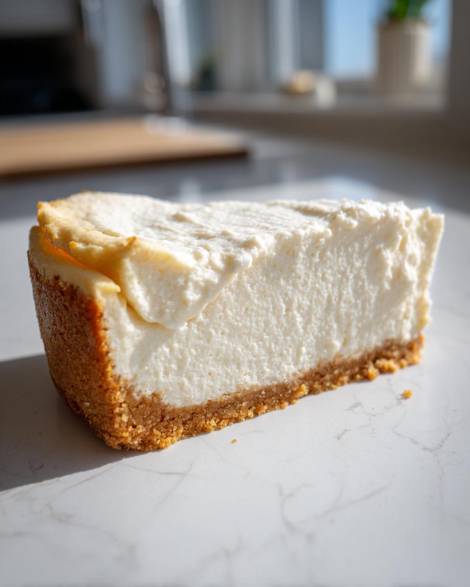 A thick slice of creamy Keto cheesecake with a golden crust resting on a white marble surface.