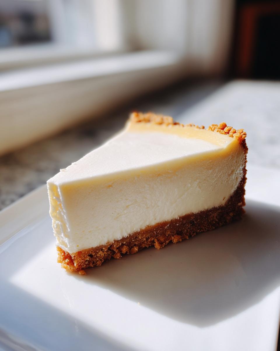 A single, perfect slice of creamy Keto cheesecake with a thick graham-style crust, sitting on a white plate.