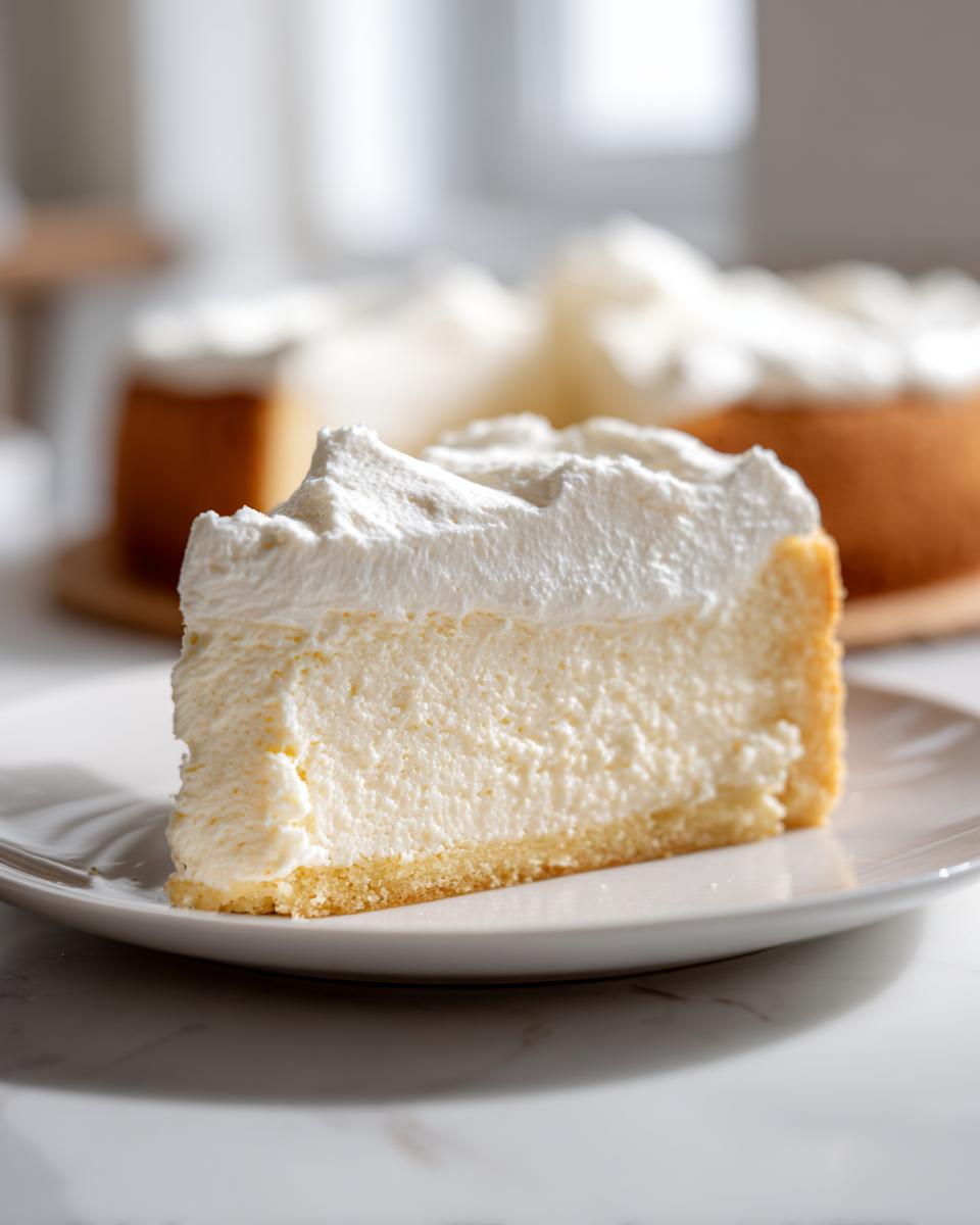 A thick slice of creamy Keto cheesecake topped with fluffy whipped cream, sitting on a white plate.