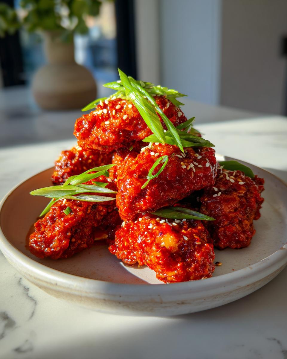 A stack of glossy, bright red Korean fried chicken pieces garnished with sesame seeds and sliced green onions.