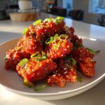 A pile of glossy, red-glazed korean fried chicken pieces topped with sesame seeds and sliced green onions.