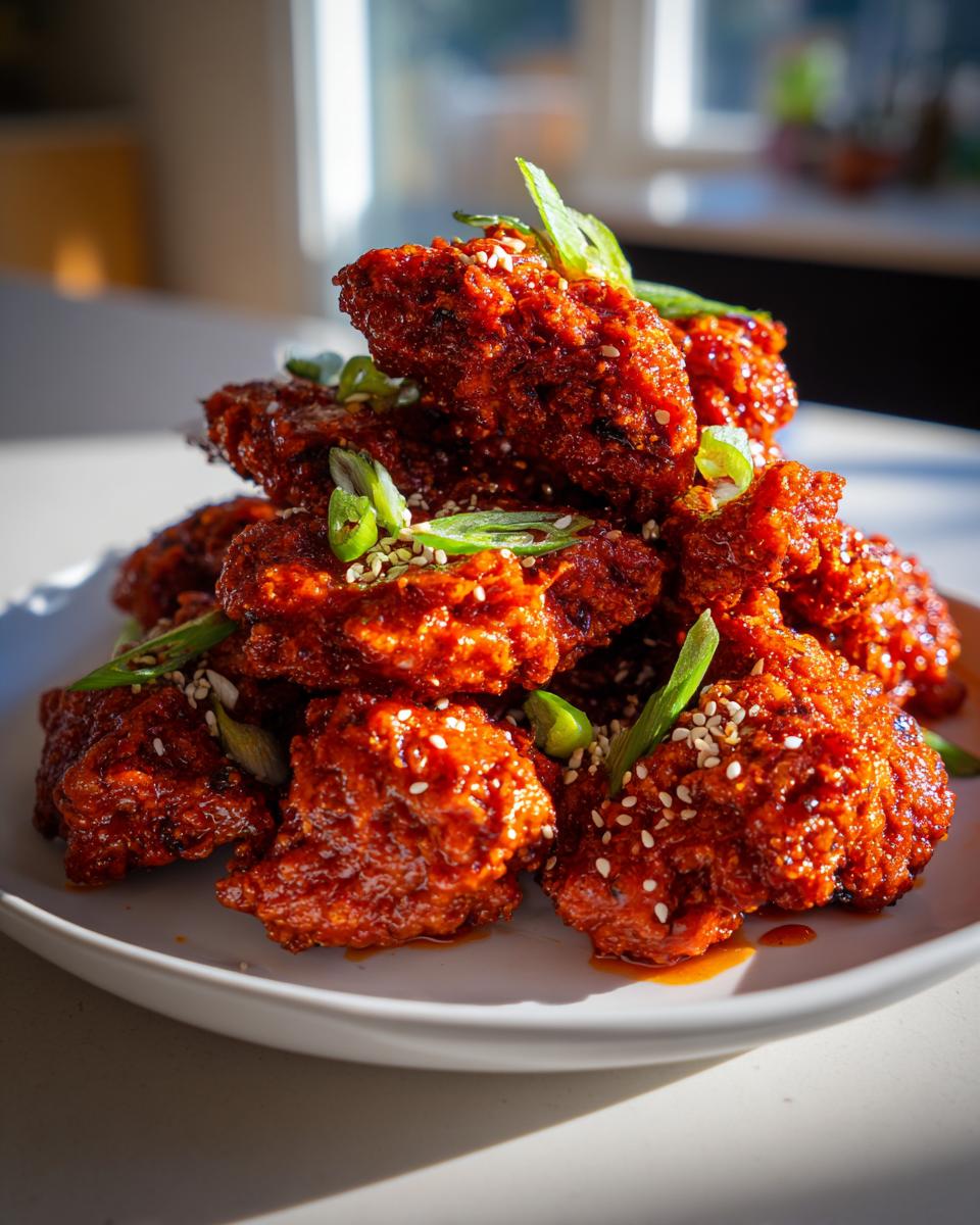 A pile of glossy, bright red Korean fried chicken pieces garnished with sesame seeds and green onions.