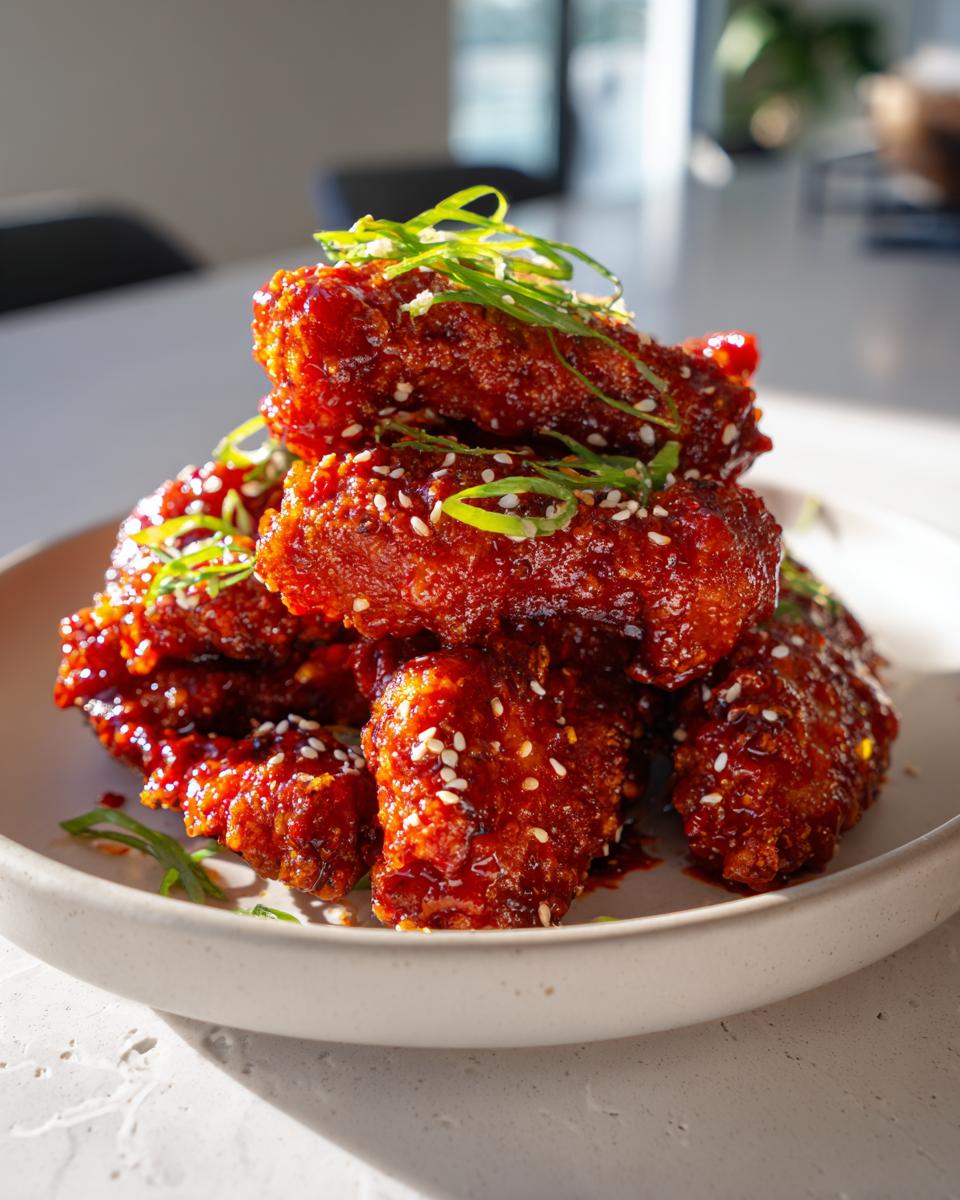 A stack of glossy, red-glazed Korean fried chicken pieces garnished with sesame seeds and green onions.