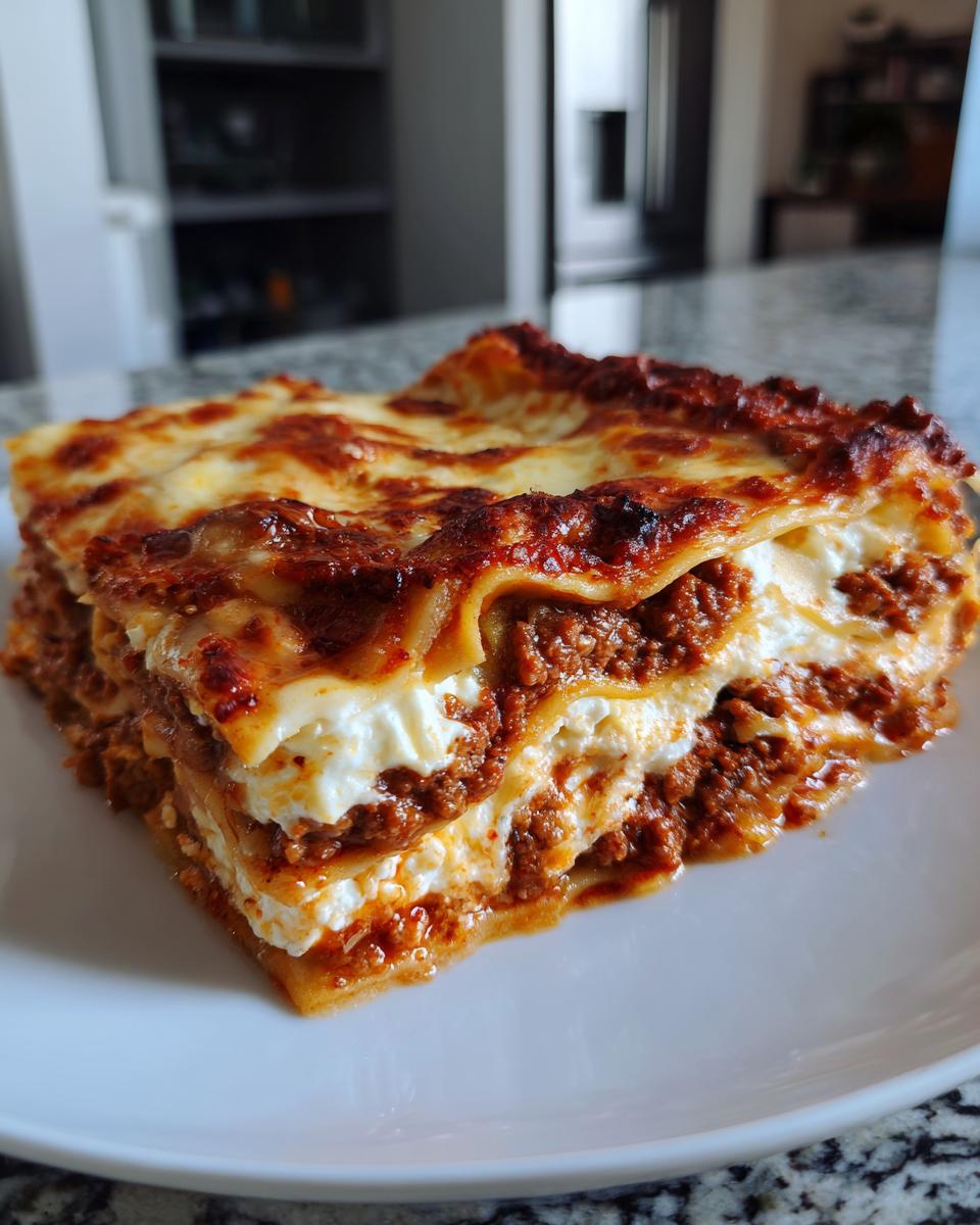 A close-up of a hearty, layered slice of Lasagna with Cottage Cheese on a white plate.