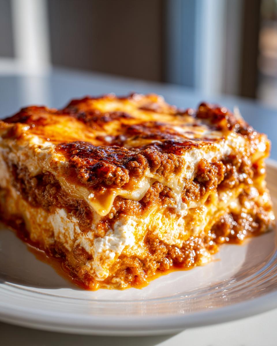 A thick, layered slice of Lasagna with Cottage Cheese featuring rich meat sauce and a bubbly, browned top.