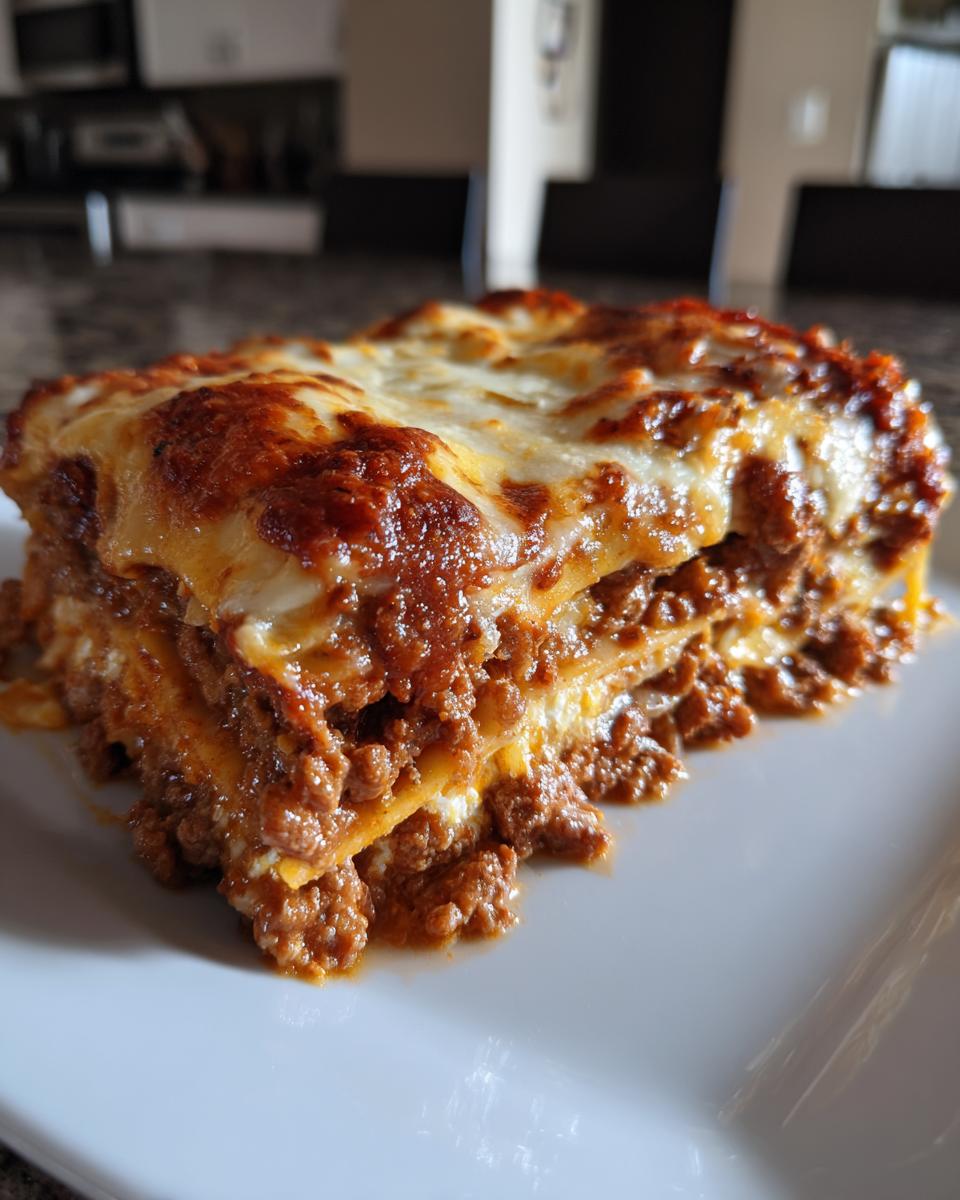 A thick, layered slice of Lasagna with Cottage Cheese, featuring a rich meat sauce and a bubbly, browned cheese topping.
