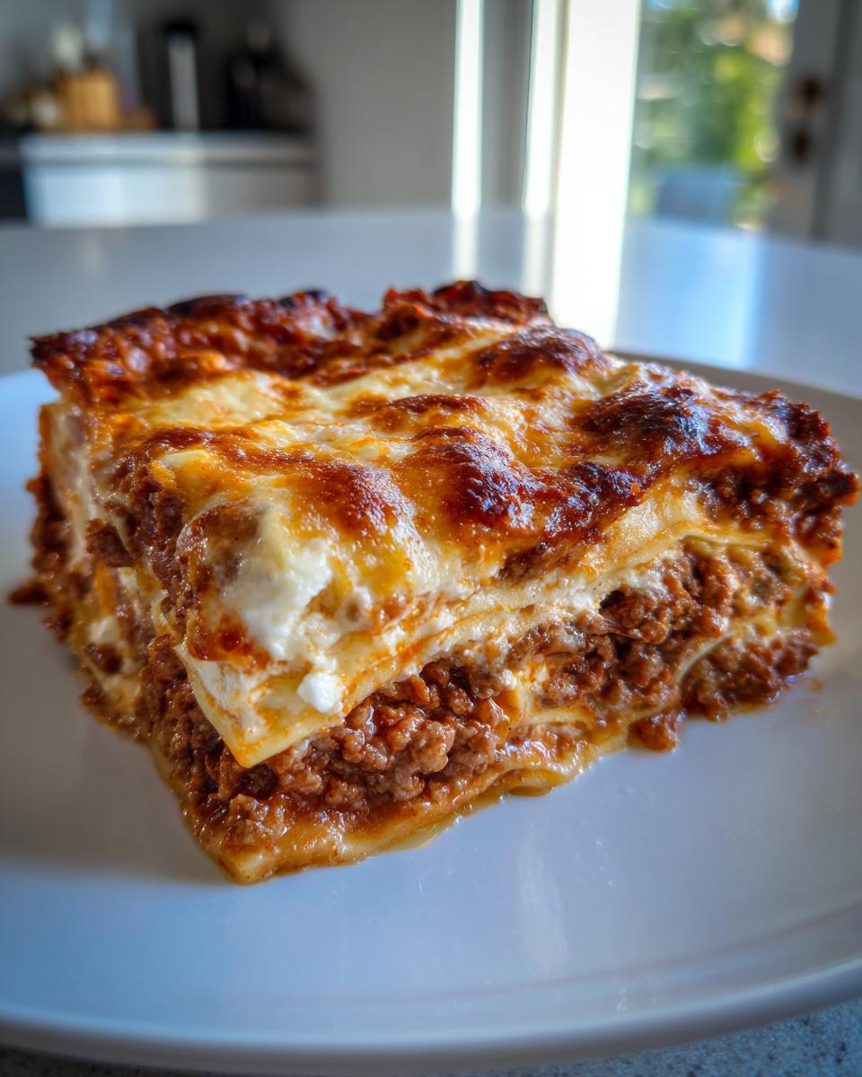 A thick, cheesy slice of Lasagna with Cottage Cheese showing layers of meat sauce and browned topping.