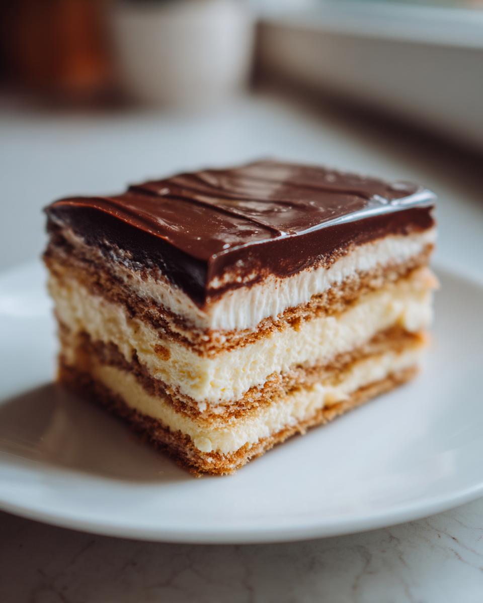 Close-up of a layered slice of eclair cake featuring graham cracker crust, vanilla cream filling, and a shiny chocolate glaze.