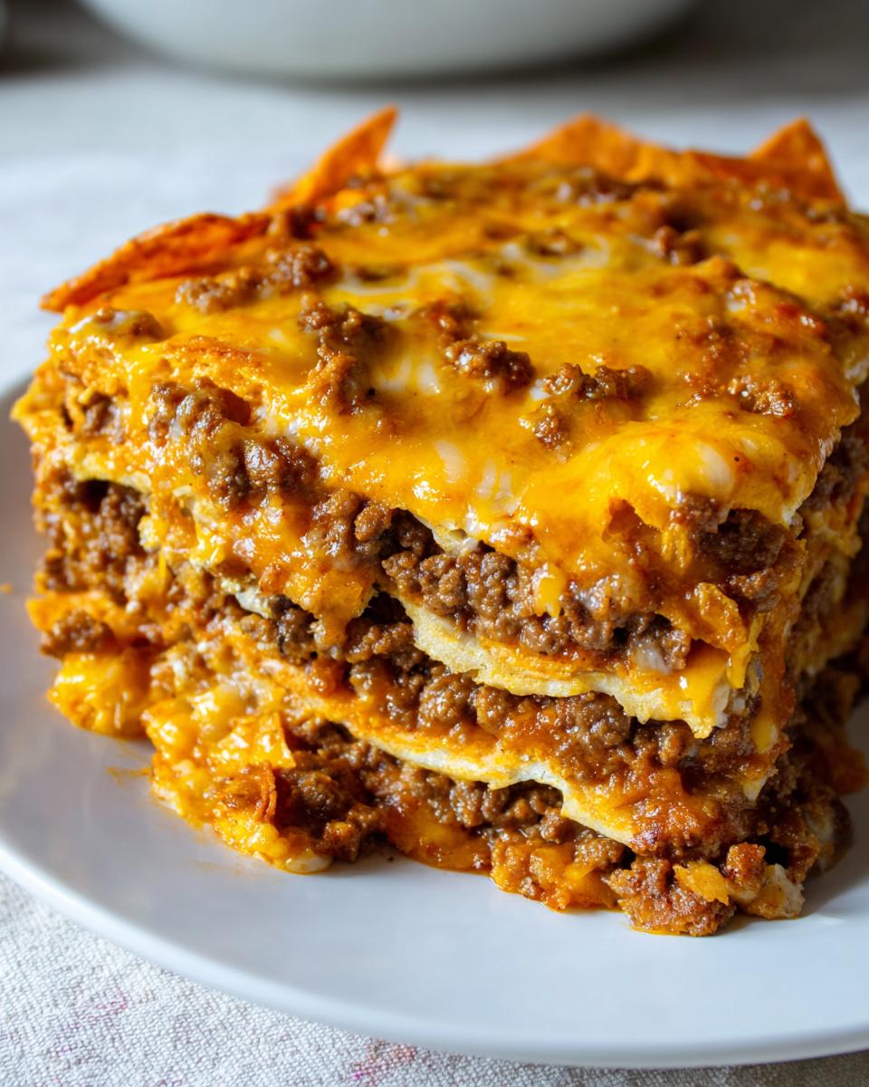 Close-up of a layered slice of Dorito Casserole featuring seasoned ground beef and melted orange cheese.