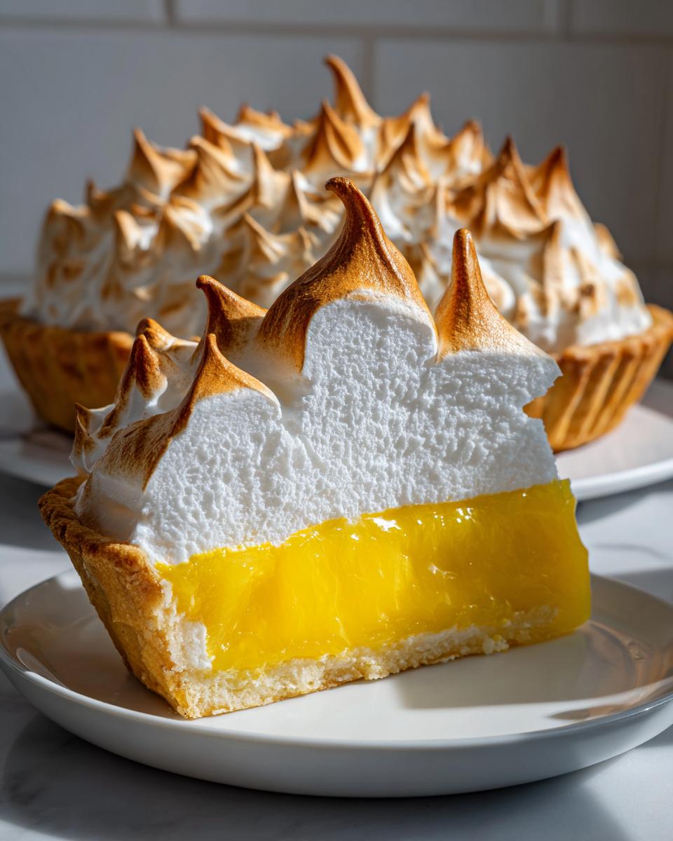 A close-up slice of lemon meringue pie showing bright yellow curd, crust, and dramatically peaked, torched meringue.