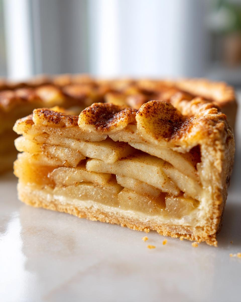 Close-up of a thick slice of apple tart showing layered, spiced apples and a golden crust.
